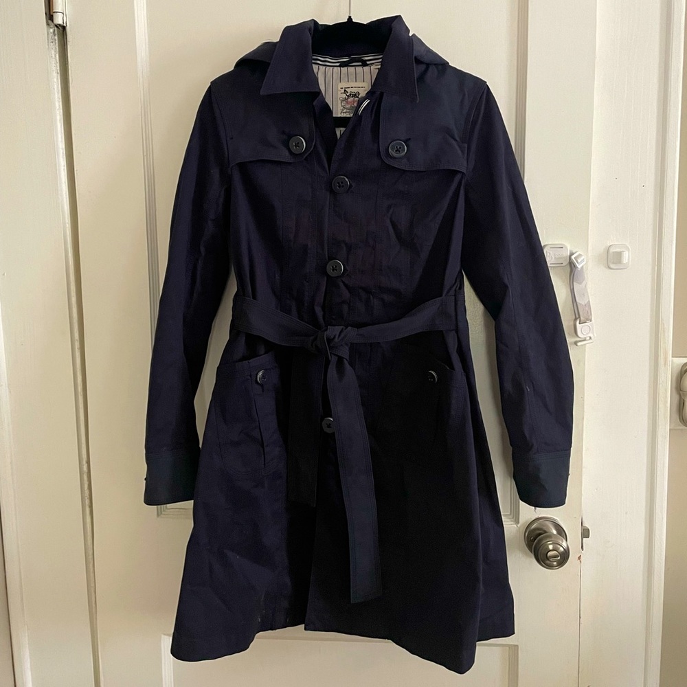 Navy blue trench coat with removable hood